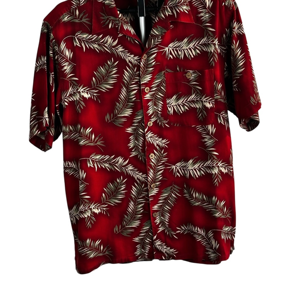 WF Silk Hawaiian Button Up Shirt ,Deep Red Palm Leaf Print 100% Silk Men’s Sz M